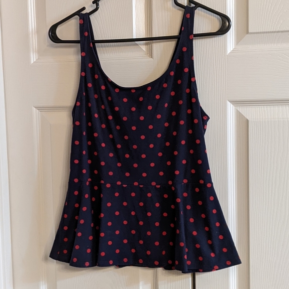 Express Blue with Red Polka Dot Peplum Top - Picture 1 of 3